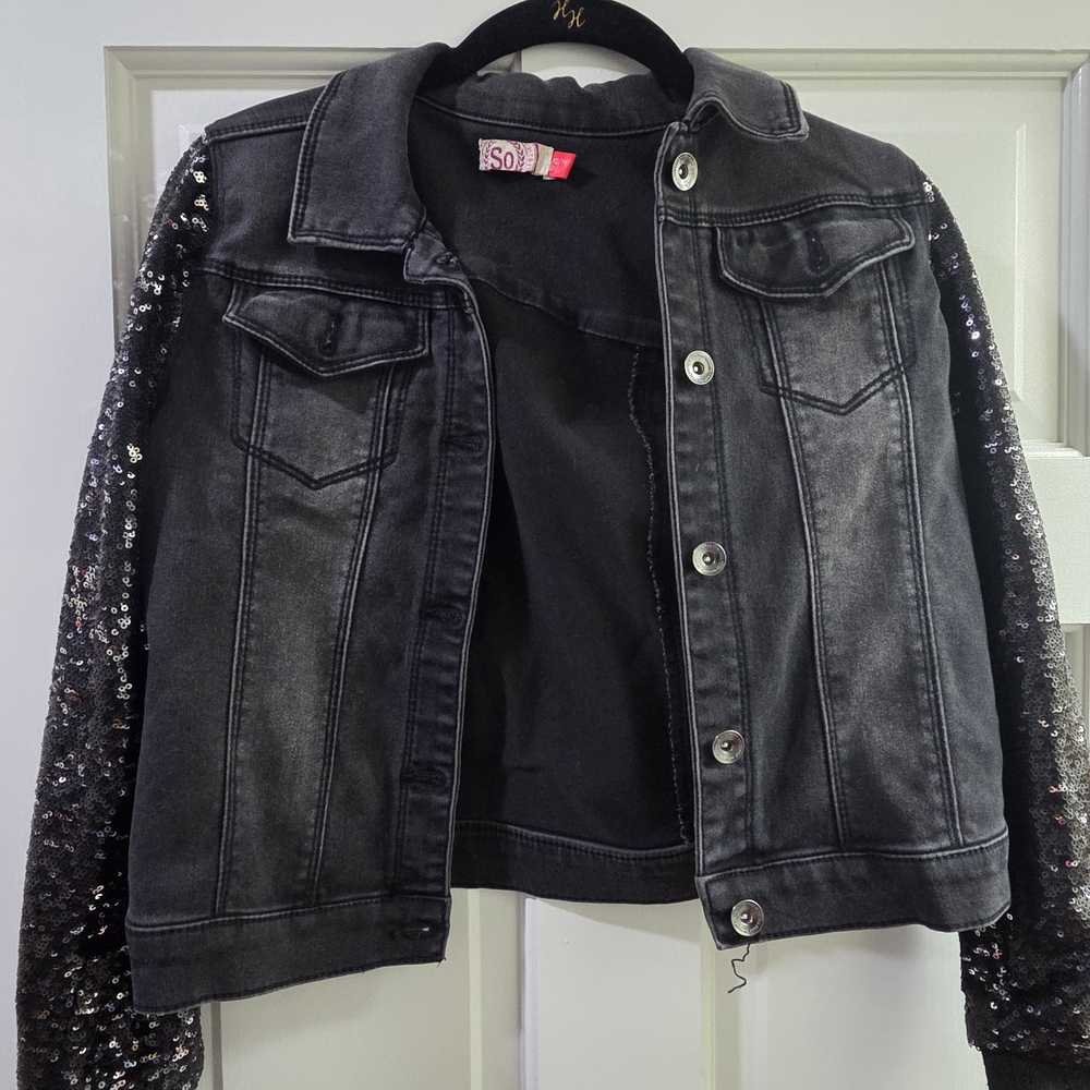 SO Women's Dark Gray Denim Jacket with Sparkling Sleeves